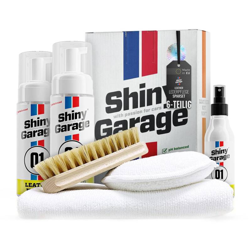 Shiny Garage Lederpflege-Set Soft: Leather Kit - Leder Reinigung & Pflege inkl. Lederbürste - Premium Auto Lederreiniger, Lederpflege Conditioner, Cleaner - Ideal für Autositze o. Sofas | 6-tlg. von Shiny Freaks