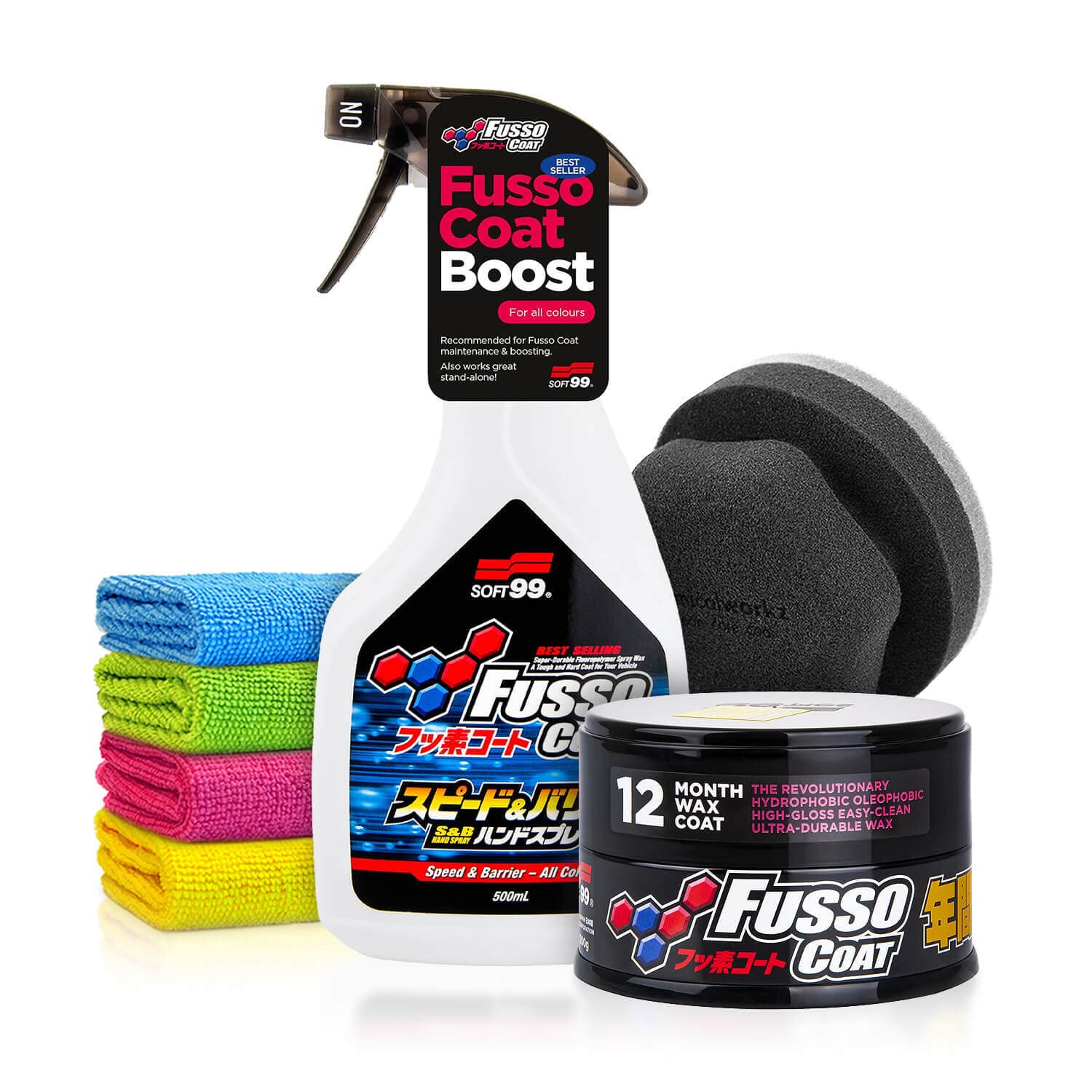 Soft99 Fusso Coat Dark 12 Months Wax + Speed & Barrier Quick Detailer - Auto Wachs Versiegelung Set - Auto Hartwachs mit Schutz & Glanz-Finish für schwarze & dunkle Lacke - Lackversiegelung | 8-teilig von Shiny Freaks