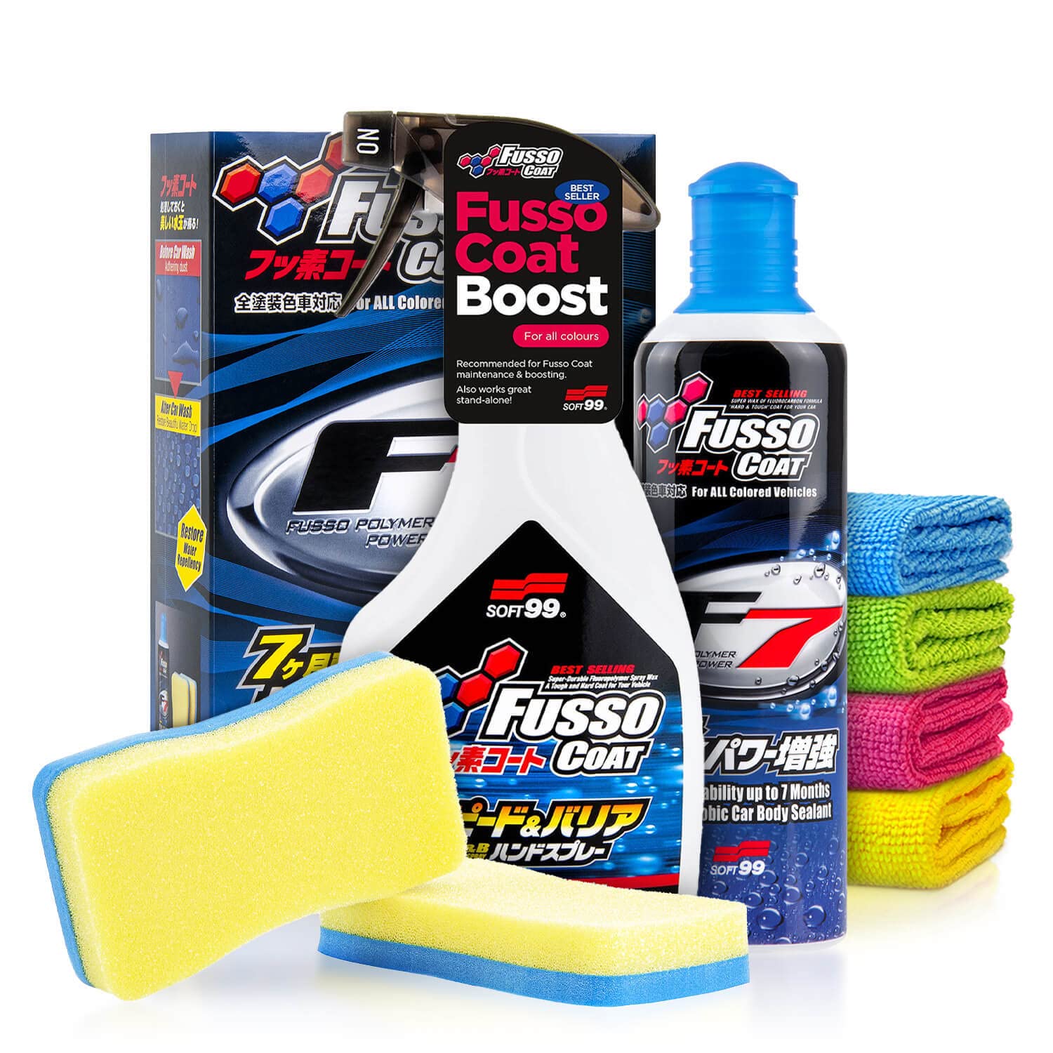 Soft99 Fusso Coat F7 Flüssigwachs + Speed & Barrier Quick Detailer - Auto Wachs Versiegelung Set - flüssiges Autowachs mit Nachpflege für schwarze & dunkle Lacke - Lackschutz | 8-teilig von Shiny Freaks