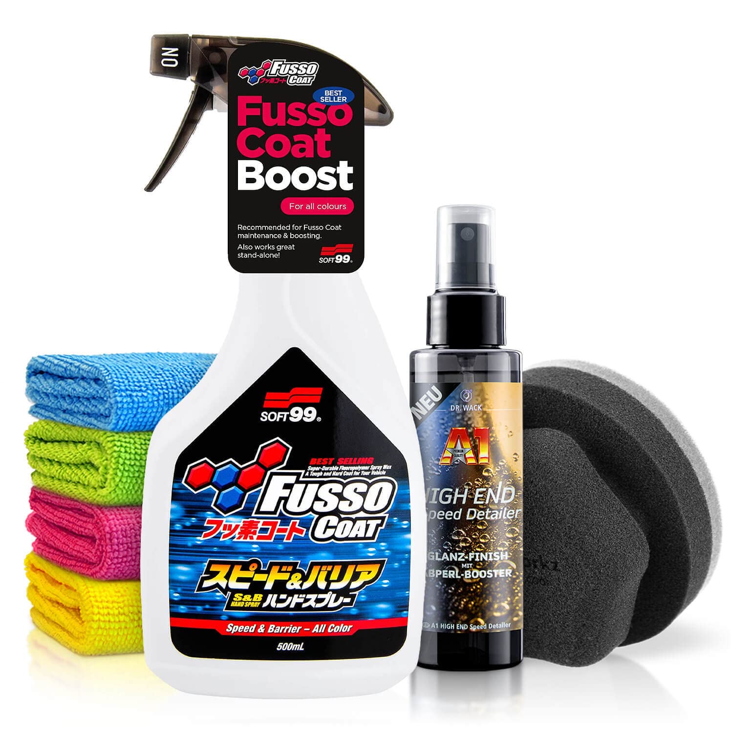 Soft99 Fusso Coat Speed & Barrier Quick Detailer (500ml) Auto Versiegelung Set - Schutz & Glanz für Deinen Lack - inkl. Abperl-Booster mit Glanz-Finish - Sprühwachs, Spray Wax Autopflege | 7-teilig von Shiny Freaks