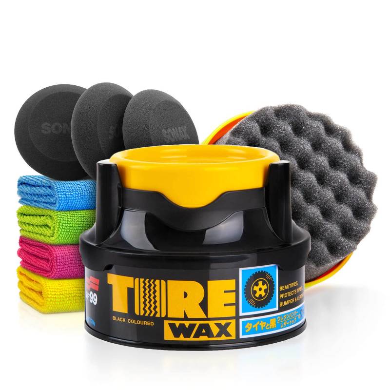 Soft99 Tire Black Wax Reifenwachs (170g) Auto Reifenpflege Set - Für einen tiefschwarze Glanz & UV-Schutz für Auto Reifen mit Wachs Applikator - Reifenglanz, Gummipflege, Witterungsschutz | 8-teilig von Shiny Freaks