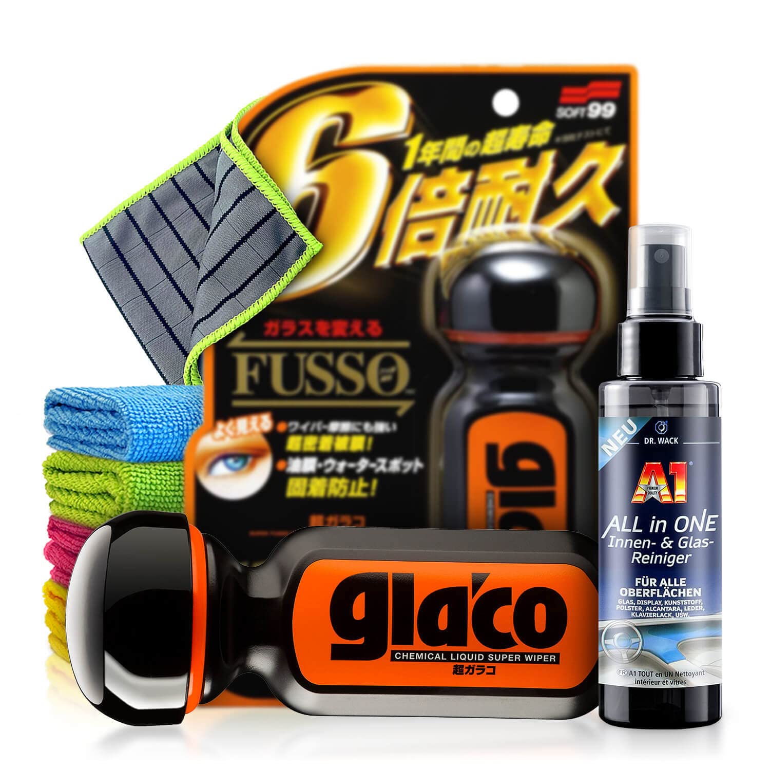 Auto Langzeit-Scheibenversiegelung Set: Soft99 Ultra Glaco (70ml) + All in One Glasreiniger (100ml) - Glasversiegelung für extrem glatte & hydrophobe Autoscheiben, Fenster & Dusche | 6-teilig von Shiny Freaks