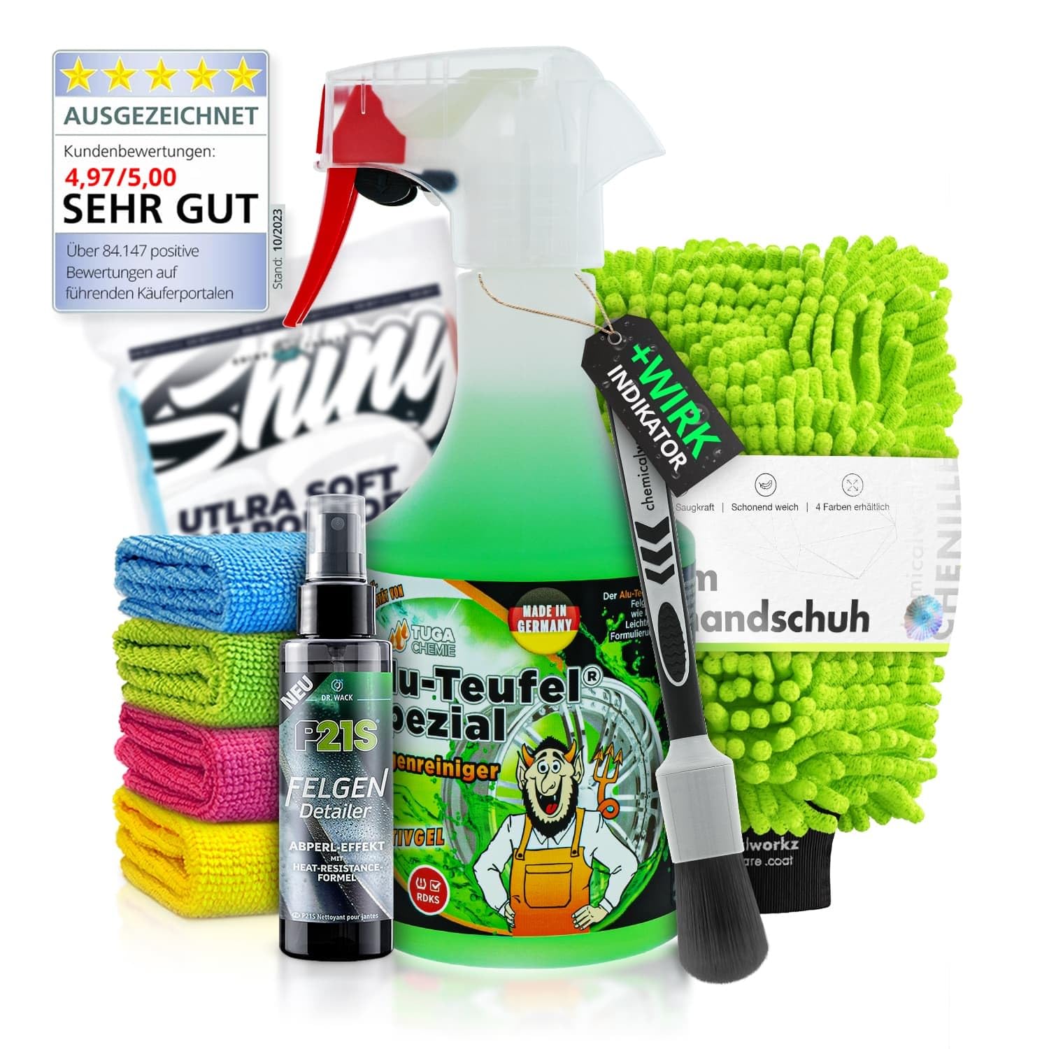 Felgenpflege Set: TUGA Chemie Alu-Teufel Spezial (500ml) Premium Auto Felgenreiniger + Dr. Wack Felgen Detailer + Zubehör - schonende & gründliche Reinigung für Alufelgen & Stahlfelgen | 8-teilig von Shiny Freaks