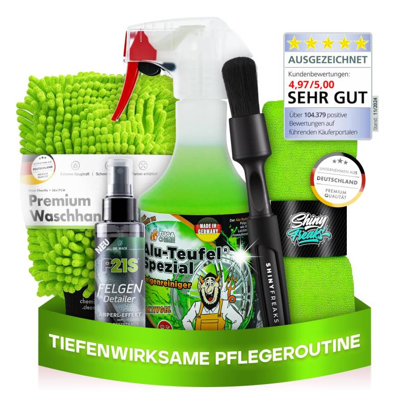 Felgenpflege Set: TUGA Chemie Alu-Teufel Spezial (500ml) Premium Auto Felgenreiniger + Dr. Wack Felgen Detailer + Zubehör - schonende & gründliche Reinigung für Alufelgen & Stahlfelgen | 8-teilig von Shiny Freaks