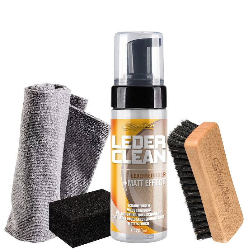 ShinyChiefs Leder CLEAN Komplett Set - Schaumreiniger für Ledersitze und Lenkräder - Pflege und Reinigung für Glattleder - mattierender Lederreiniger für Autositze, Pumpspender 200ml von ShinyChiefs