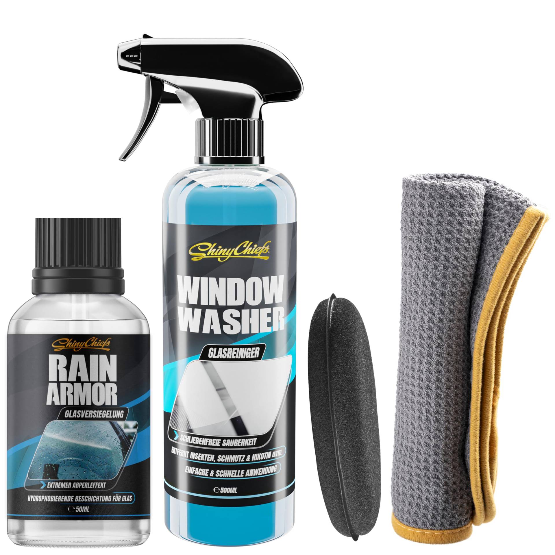 ShinyChiefs RAIN AMOR + WINDOW WASHER SET - Schonender Scheibenreiniger für innen & außen mit hoher Schmutzlösekraft + Autoscheiben-Versiegelung mit hydrophobem Schutz, 2 Mikrofasertücher & Applikator von ShinyChiefs