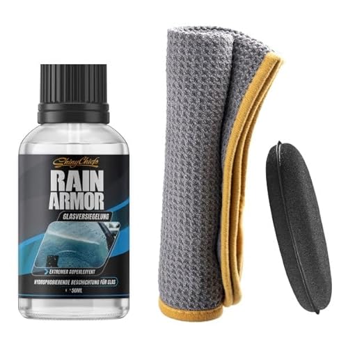 ShinyChiefs RAIN AMOR Set - Autoscheiben-Versiegelung mit hydrophobem Schutz - Lässt Regen und Schnee abperlen - Langer Halt, Glasversiegelung bis zu 2 Monate, 100ml, Microfasertuch & Applikatorpad von ShinyChiefs