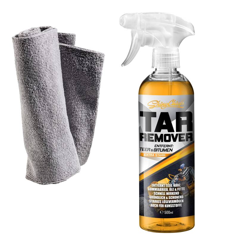 ShinyChiefs Tar Remover- Teerentferner-Set Auto mit Mikrofasertuch - Entfernt Teer, Bitumen sowie Harz-, Fett- und Ölverunreinigungen von Allen Oberflächen - Teer-Entferner-Spray, 1x500ml Plus Tuch von ShinyChiefs