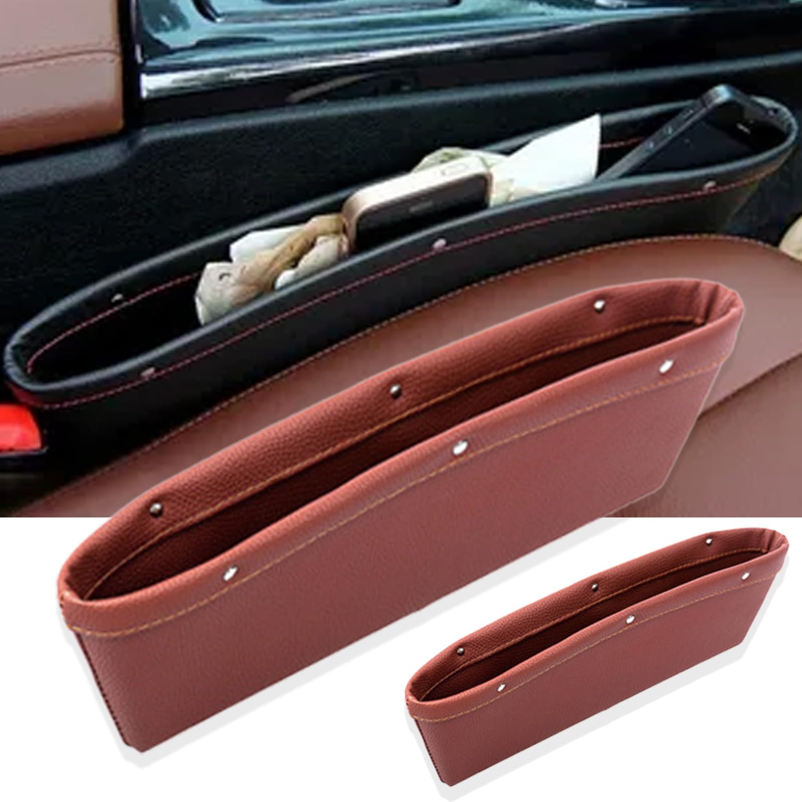 Shinybox Auto Lückenfüller Organizer, 2 Stück Auto Seat Gap Filler, Autositz Gap Organizer, PU-Leder Auto Zubehör Autositz Konsole Seitentaschen für Lagerung Handys, Karten, Brillen, Schlüssel(Braun) von Shinybox