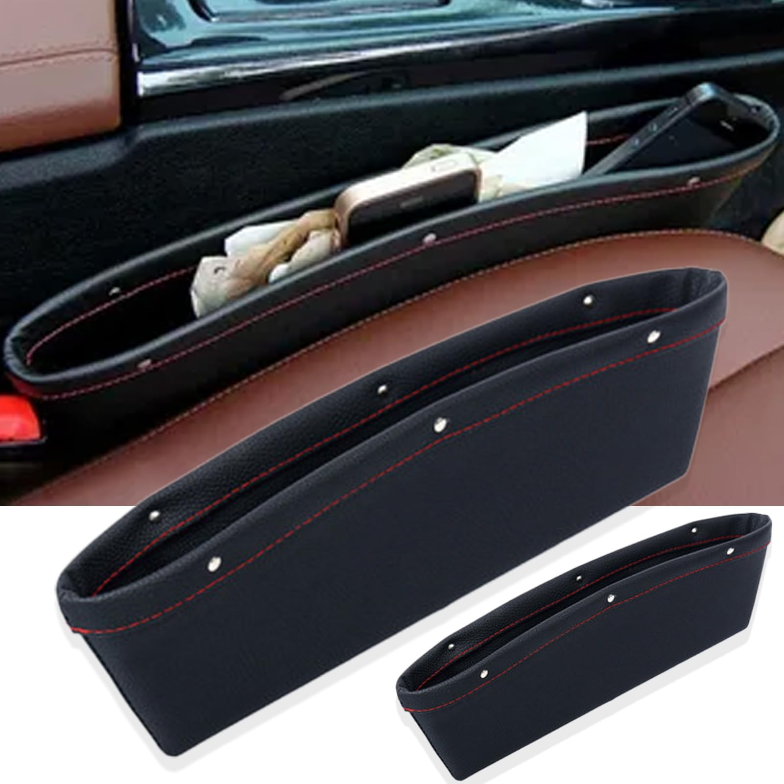 Shinybox Auto Lückenfüller Organizer, 2 Stück Auto Seat Gap Filler, Autositz Gap Organizer, PU-Leder Auto Zubehör Autositz Konsole Seitentaschen für Lagerung Handys, Karten, Schlüssel(Schwarz) von Shinybox