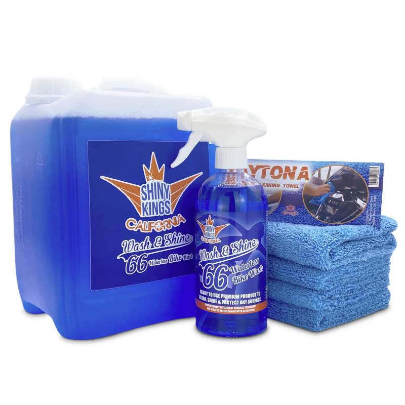 Shinykings Wash&Shine 66 WASSERLOSER Motorrad Reiniger | kratzfreie Pflege und Schutz für alle Oberflächen wie Lack, Chrom-, Alufelgen | inkl. Glanzeffekt | 5,5L mit 4 Mikrofasertücher Extra Soft von Shinykings