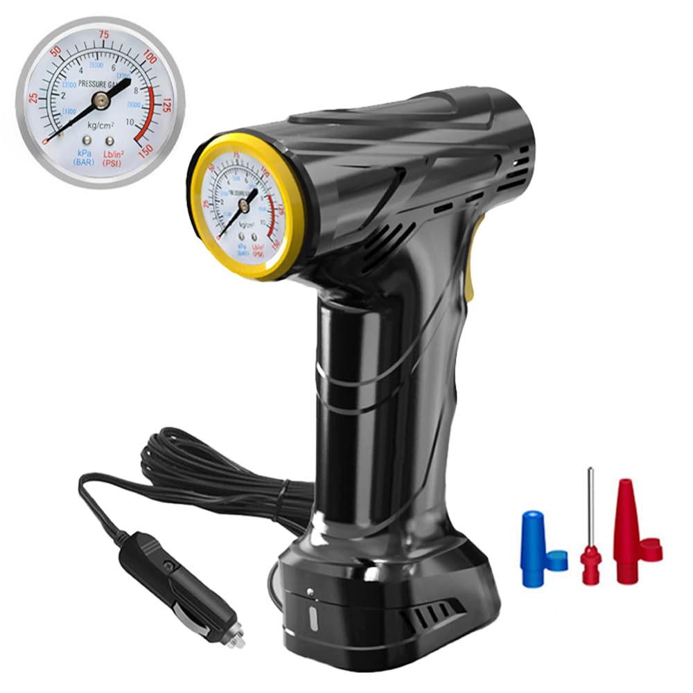 Shkalacar 120 W Auto Luftpumpe, Hand Luftkompressor mit LED-Licht, Mechanisches Manometer, Tragbarer Reifenfüller für Auto, Motorrad, Fahrrad, Reifen, Bälle, Schwimmringe(Plug-in-Modell) von Shkalacar