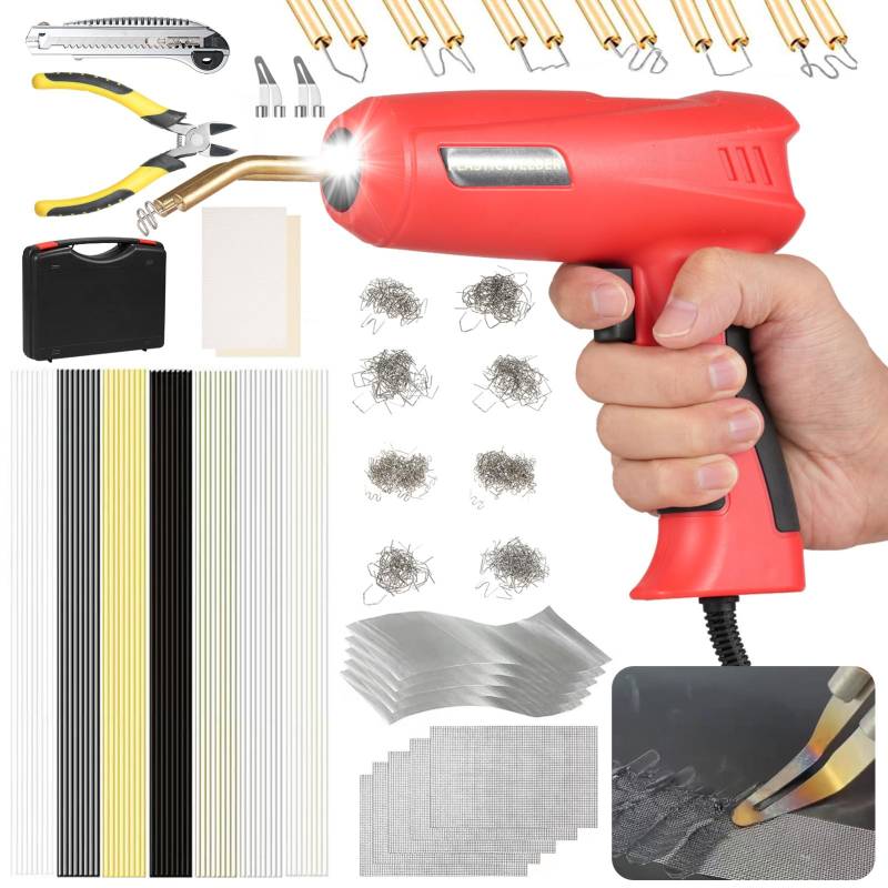 Shkalacar 150W kunststoff Schweißen Maschine,2 in 1 Handheld Auto Stoßstange Reparatur Set mit 800PCS Hot Stapler,56 pcs P P Plastic Welding Rods, knife, Plier, Reparatur für Reparatur Auto Stoßstange von Shkalacar