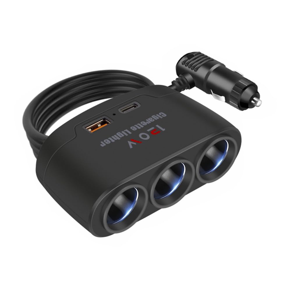 Shkalacar 3in1 Auto Zigarettenanzünder Verteiler 12-24V, 120W Auto KFZ Ladegerät Adapter mit USB und PD Schnittstellen, 3 Buchsen Stecker Ladekabel Splitter für Auto, LKW, SUV von Shkalacar