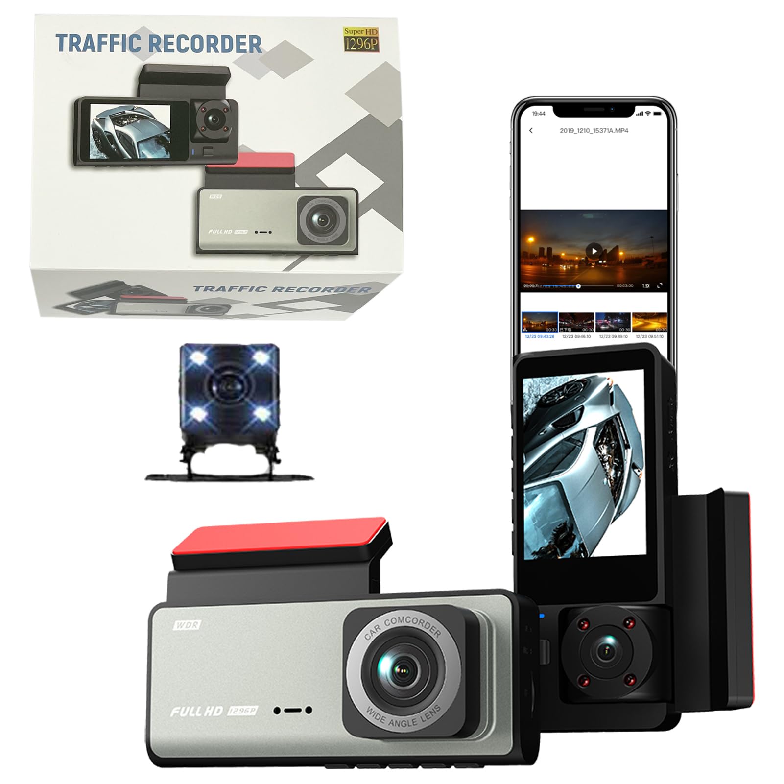 Shkalacar Dashcam vorne und hinten innen, 1080P + 480P + 480P DREI Wege Dreifach Autokamera, Integriertes WLAN, 2,0 Zoll IPS Bildschirm, Nachtsicht, 170° Weitwinkel, WDR, Loop Aufnahme von Shkalacar