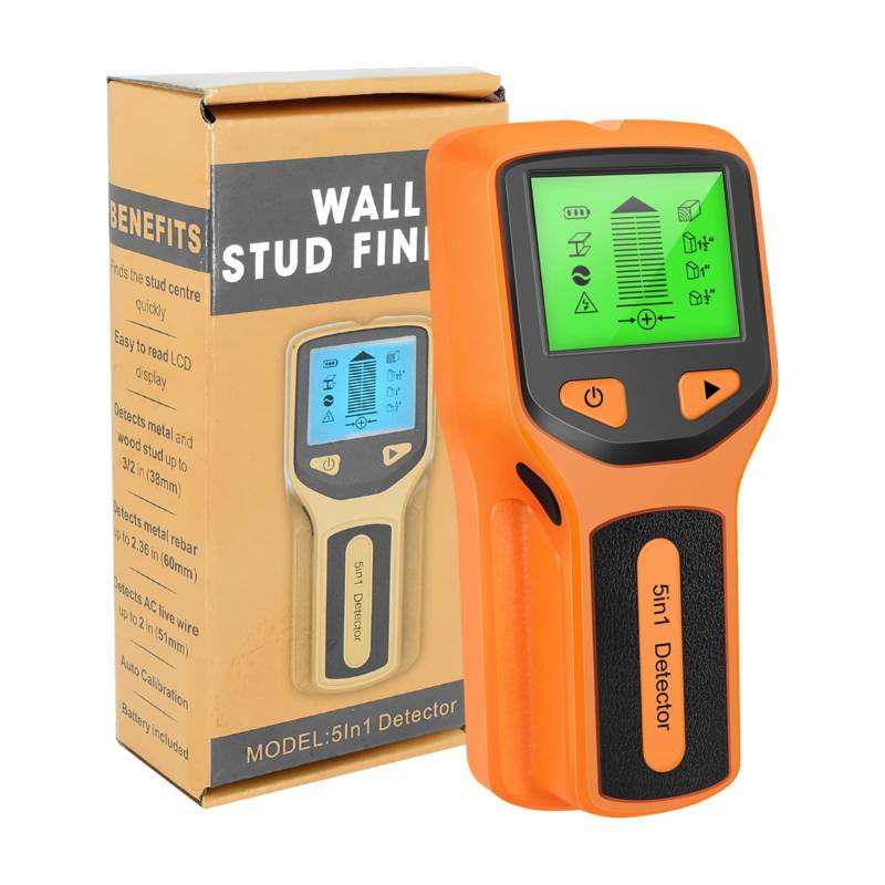 Shkalacar Digitales Ortungsgerät, 5 in 1 Elektronischer Wandscanner-Detektor mit HD LCD Display, Akustische Warnung, Stud Finder Wandscanner zum Auffinden von Stromleitungen Holzbalken (Orange) von Shkalacar