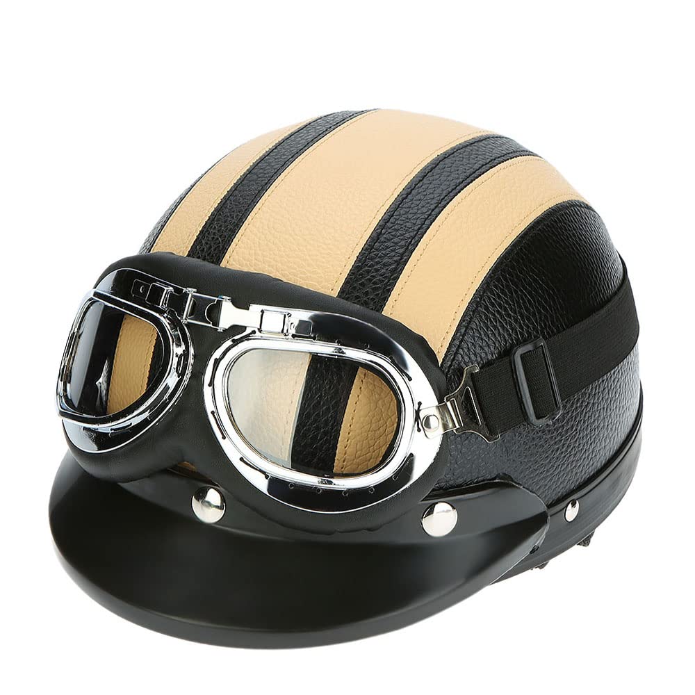 Shkalacar Motorrad Leder Open Face Helm, Motorrad Scooter gesichtsoffen halbe Leder Helm mit Visier, UV-Schutzbrillen Retro Vintage-Stil(54-60cm) von Shkalacar