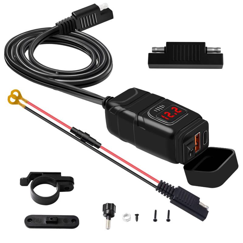 Shkalacar Motorrad USB Steckdose, USB+Typ-C Ladegerät, Adapter USB auf Zigarettenanzünder 12V-24V, Ladegerät QC3.0 mit Voltmeter EIN/Aus-Schalter für Telefon-Tablet 7/8-Zoll-Lenker von Shkalacar