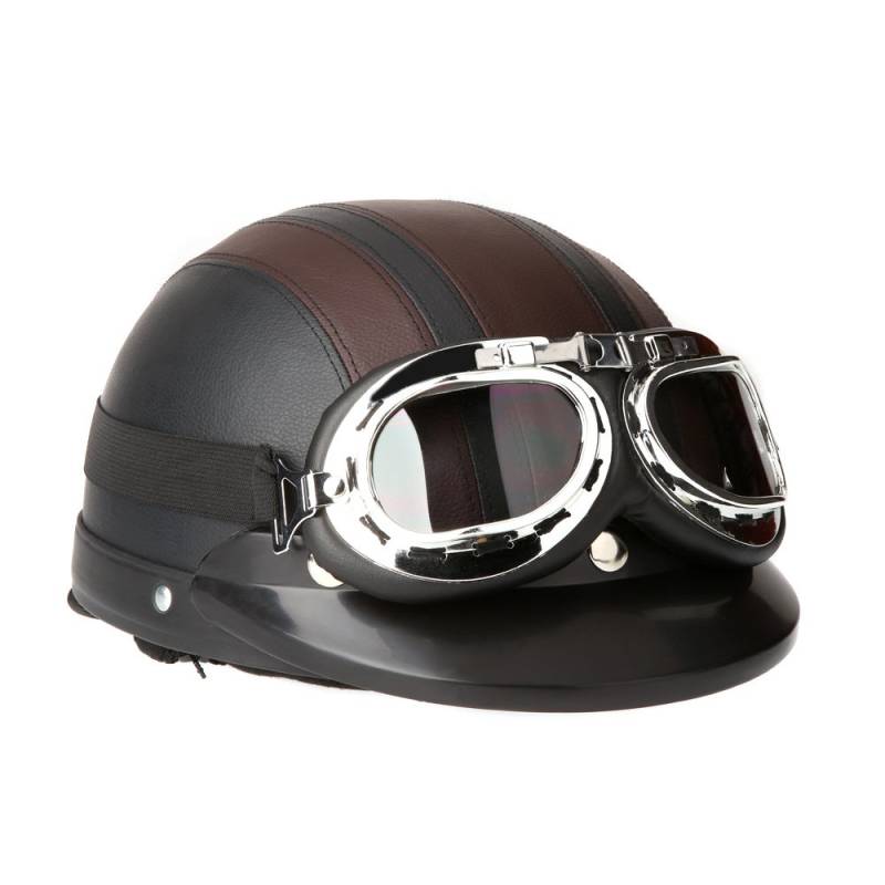 Shkalacar Motorrad halboffener Helm Universal, Motorradroller Halbhdelm mit Nackenschutz und UV-Schutzbrille, Motorradhelm im Retro-Stil, 54~60cm Kopfumfang, Braun von Shkalacar