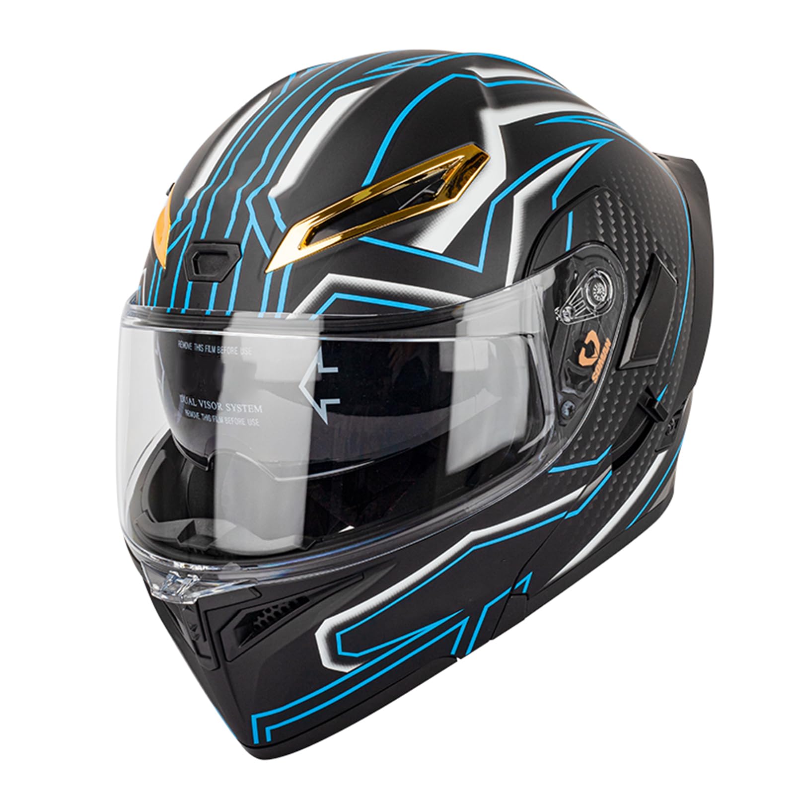 Shkalacar Motorradhelm, Unisex hochklappbarer Integralhelm mit Doppelvisier, Integrierte Sonnenbrille, Four Seasons New Motorradhelm für Fahrer (L, Schwarz mit blauem Streifen) von Shkalacar