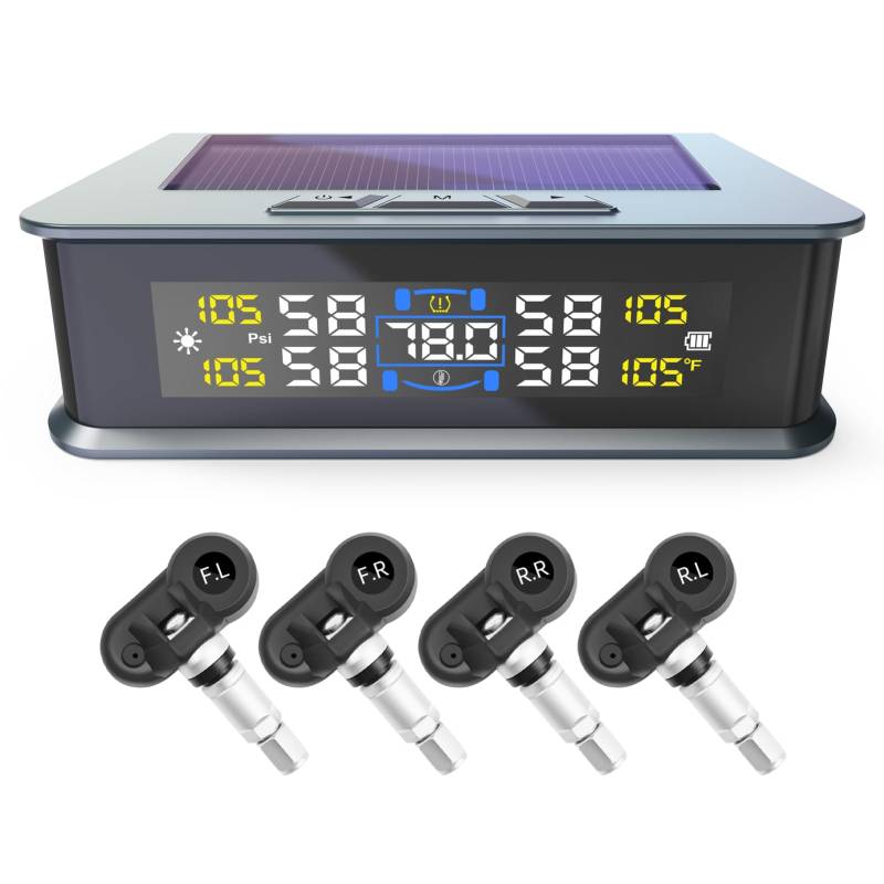 Shkalacar Reifendruckkontrollsystem, Tire Pressure Monitoring System Solar Power Monitor mit 4 Internal Sensors, Reifen Drucküberwachungssystem für Auto SUV von Shkalacar