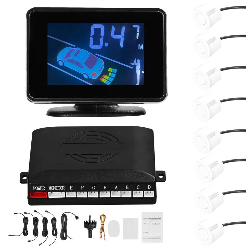 Shkalacar Rückfahrkamera mit 8 Parksensoren, Rückfahrradarsystem vorne und hinten, unterstützt akustische Warnung/Summer/Stummschaltung, Abstandserkennung, LCD Abstandsanzeige, für Fahrzeug LKW(Weiß) von Shkalacar