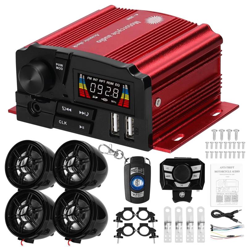 Shkalacar Verstärker Power Amplifier, BT MP3 Player 4 Kanal Audio Stereo Amplifier mit LCD Display, 4 Lautsprecher,unterstützen Freisprechen FM Radio USB/TF Karte für 12V Motorrad Elektrofahrräder ATV von Shkalacar