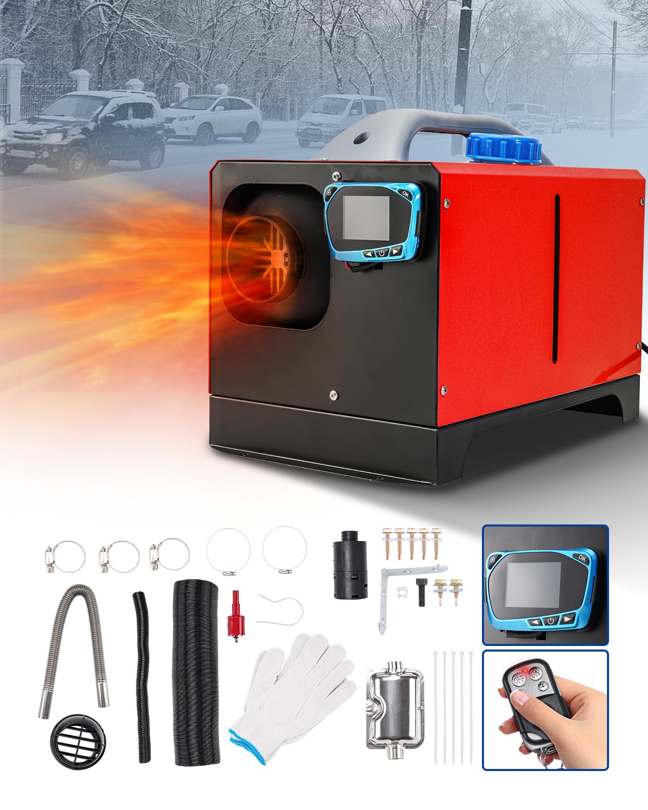 ShockFlo Standheizung Diesel, 12V 5KW Dieselheizung Diesel Lufterhitzer, Luft Dieselheizung mit Schalldämpfer LCD Hochwertiges Display, Luftheizung Standheizung für Auto RV LKW Wohnmobil(Rot) von ShockFlo