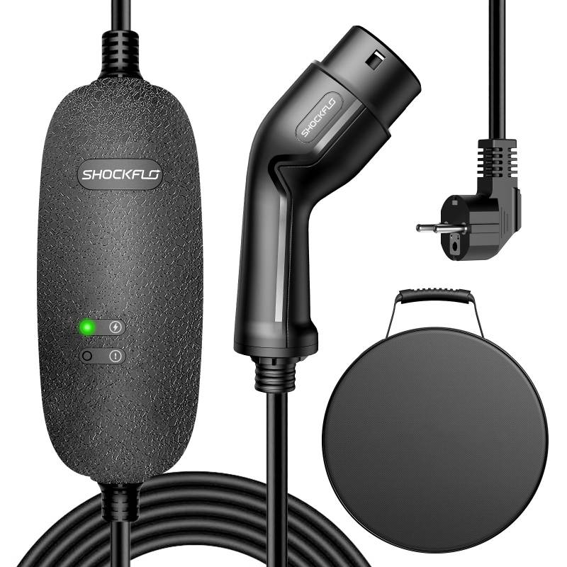 ShockFlo Typ 2 EV Ladegerät,Standard 2-Pin Schuko 16Amp 230V Tragbare EV Ladestation mit 6M Ladekabel, Sicheres Plug-Play Schnell EVSE Elektroautos/PHEV für Typ 2 & CCS2 Ladeanschlüsse von ShockFlo