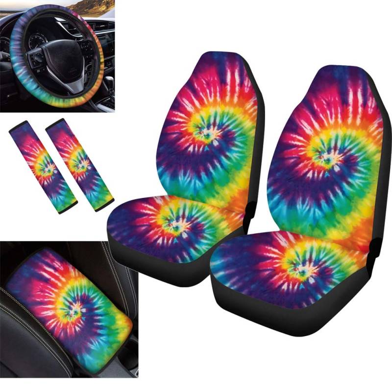 Showudesigns 2 Autositzbezüge mit 2 Schulter-Sicherheitsgurtbezügen, 1 Lenkrad, 1 Armlehnenbezug, 6-teiliges komplettes Set für Limousine, Regenbogen-Batik-Autozubehör-Set, 6 Stück von Showudesigns