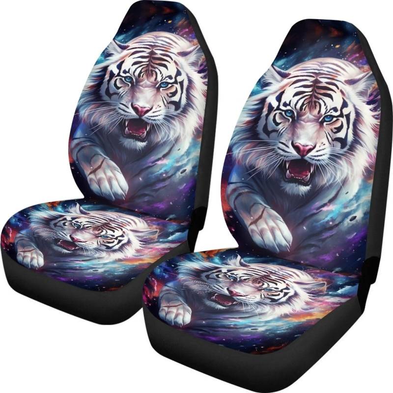 Showudesigns Galaxy Tiger Autositzbezüge für vorne, komplettes Set mit 2 Satteldecken, Schonbezüge für Auto, SUV, Van, Saden, buntes Sternen-Tier-Autozubehör von Showudesigns