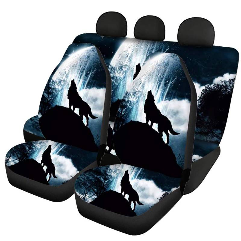 Showudesigns Wolf Auto-Sitzbezüge für Herren Universal Vorder- und Rücksitzbezüge Komplett-Set – Cool Vordersitzbezug für Auto mit Rücksitzbankbezug Satteldecke Schutz Hund Rücksitz von Showudesigns