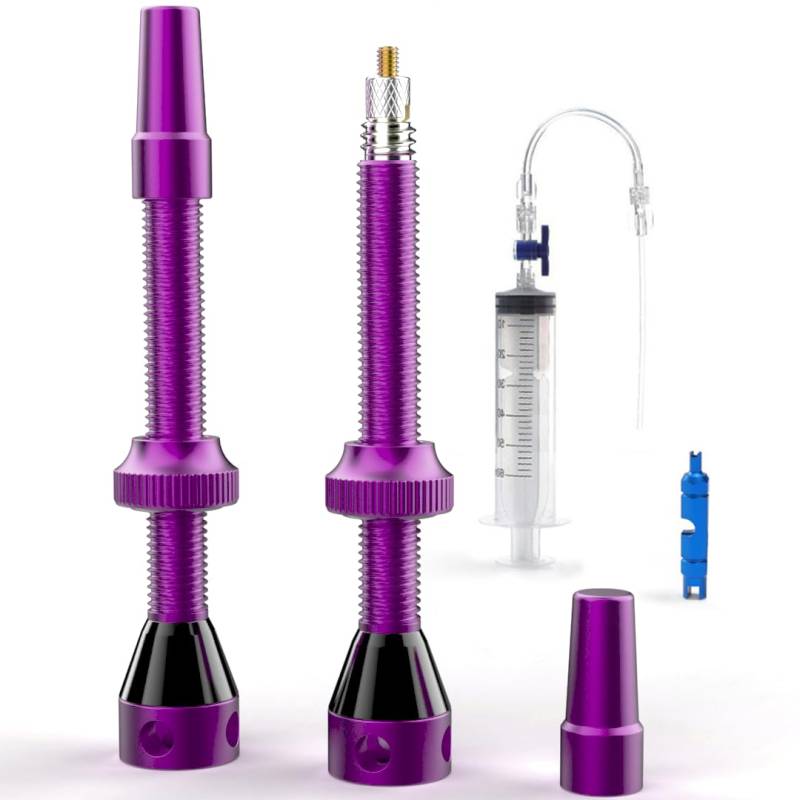 Shredr. Tubeless Ventile Set, Purple | Komplettes Set inkl. Tubeless Spritze | Superleicht Alu, lila eloxiert, französisches Ventil Presta, 60mm für Rennrad-Felgen von Shredr.