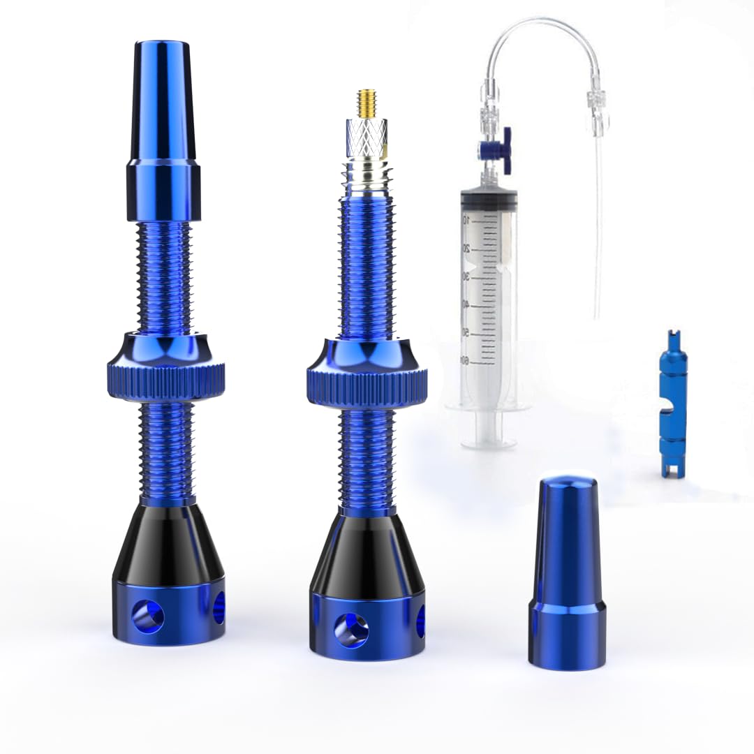 Shredr. Tubeless Ventile Set, blau, 44 mm | Komplettes Set inkl. Ventilwerkzeug und Tubeless Spritze | Superleicht Alu, blau eloxiert, französisches Ventil Presta Ventil (44 mm) von Shredr.