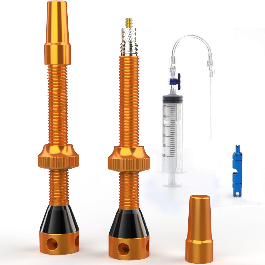 Shredr. Tubeless Ventile Set, orange | Komplettes Set inkl. Tubeless Spritze | Superleicht Alu, Gold eloxiert, französisches Ventil Presta, 60mm für Rennrad-Felgen von Shredr.