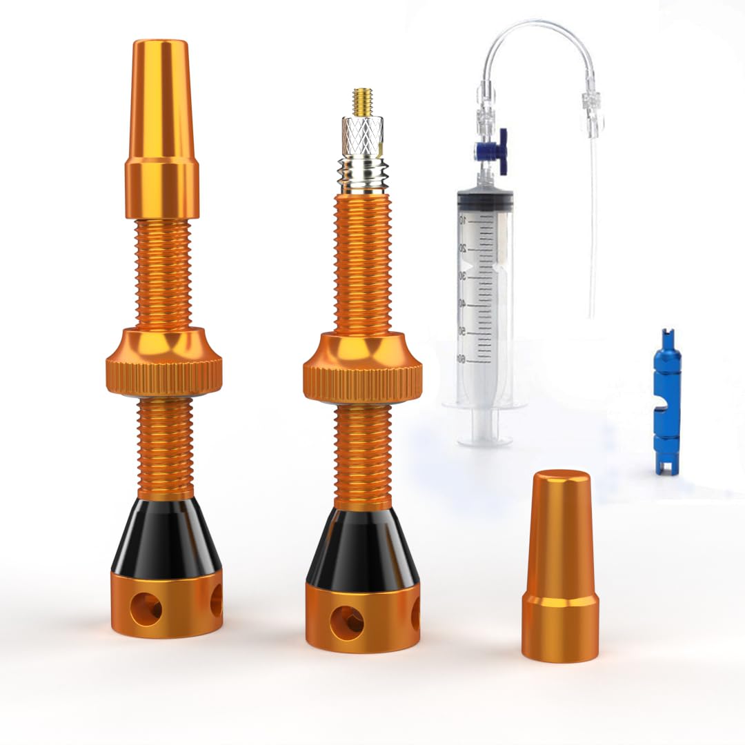 Shredr. Tubeless Ventile Set, orange, 44 mm | Komplettes Set inkl. Ventilwerkzeug und Tubeless Spritze | Superleicht Alu, orange eloxiert, französisches Ventil, Presta Ventil (44 mm) von Shredr.