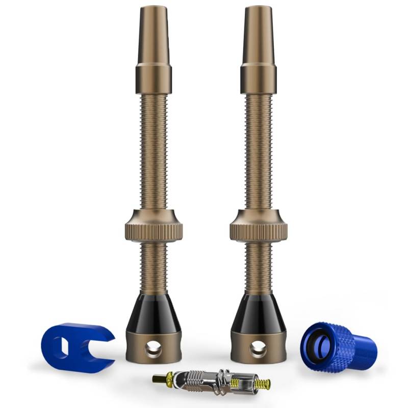 Shredr. Tubeless Ventile Set | Presta Ventile für Schlauchlos-Reifen | Superleichtes Alu, bunt eloxiert, französisches Ventil | inkl. Ventil-Adapter, Ersatz-Ventil und Werkzeug. (Bronze, 60mm) von Shredr.