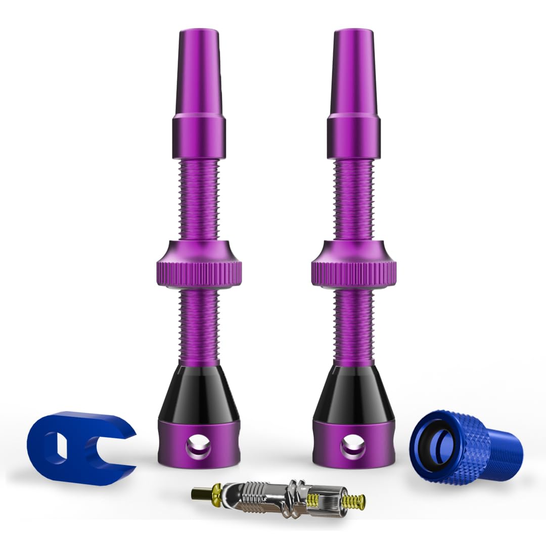 Shredr. Tubeless Ventile Set | Presta Ventile für Schlauchlos-Reifen | Superleichtes Alu, bunt eloxiert, französisches Ventil | inkl. Ventil-Adapter, Ersatz-Ventil und Werkzeug. (Purple, 44mm) von Shredr.