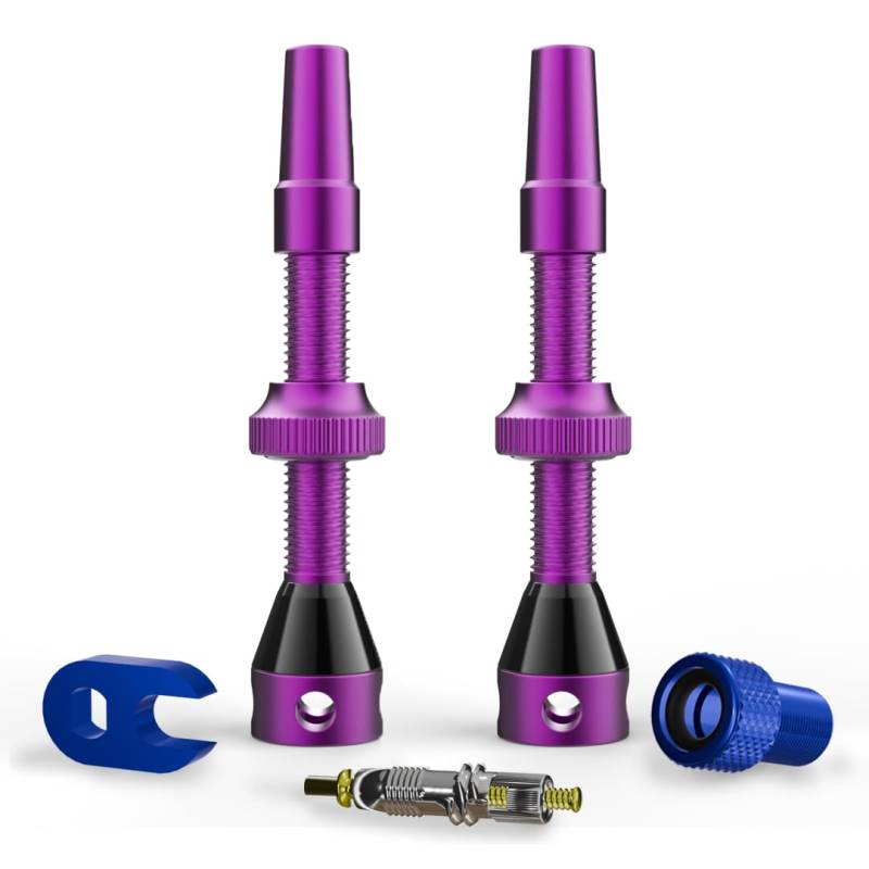 Shredr. Tubeless Ventile Set | Presta Ventile für Schlauchlos-Reifen | Superleichtes Alu, bunt eloxiert, französisches Ventil | inkl. Ventil-Adapter, Ersatz-Ventil und Werkzeug. (Purple, 44mm) von Shredr.