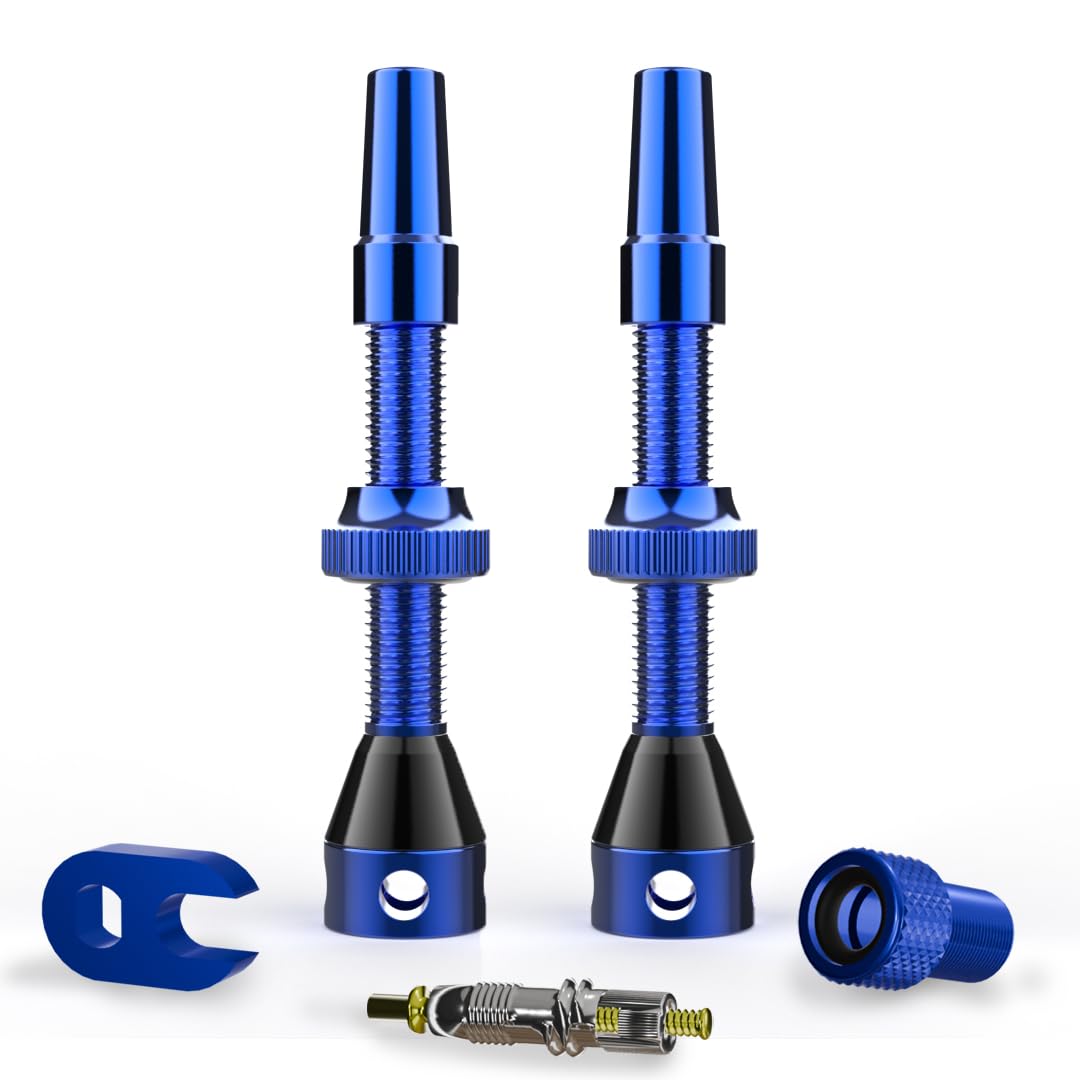 Shredr. Tubeless Ventile Set | Presta Ventile für Schlauchlos-Reifen | Superleichtes Alu, bunt eloxiert, französisches Ventil | inkl. Ventil-Adapter, Ersatz-Ventil und Werkzeug. (blau, 44mm) von Shredr.