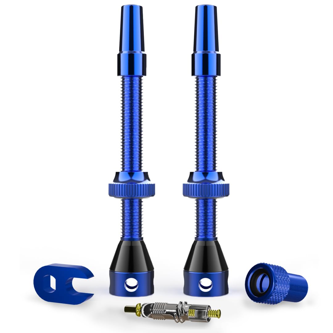 Shredr. Tubeless Ventile Set | Presta Ventile für Schlauchlos-Reifen | Superleichtes Alu, bunt eloxiert, französisches Ventil | inkl. Ventil-Adapter, Ersatz-Ventil und Werkzeug. (blau, 60mm) von Shredr.