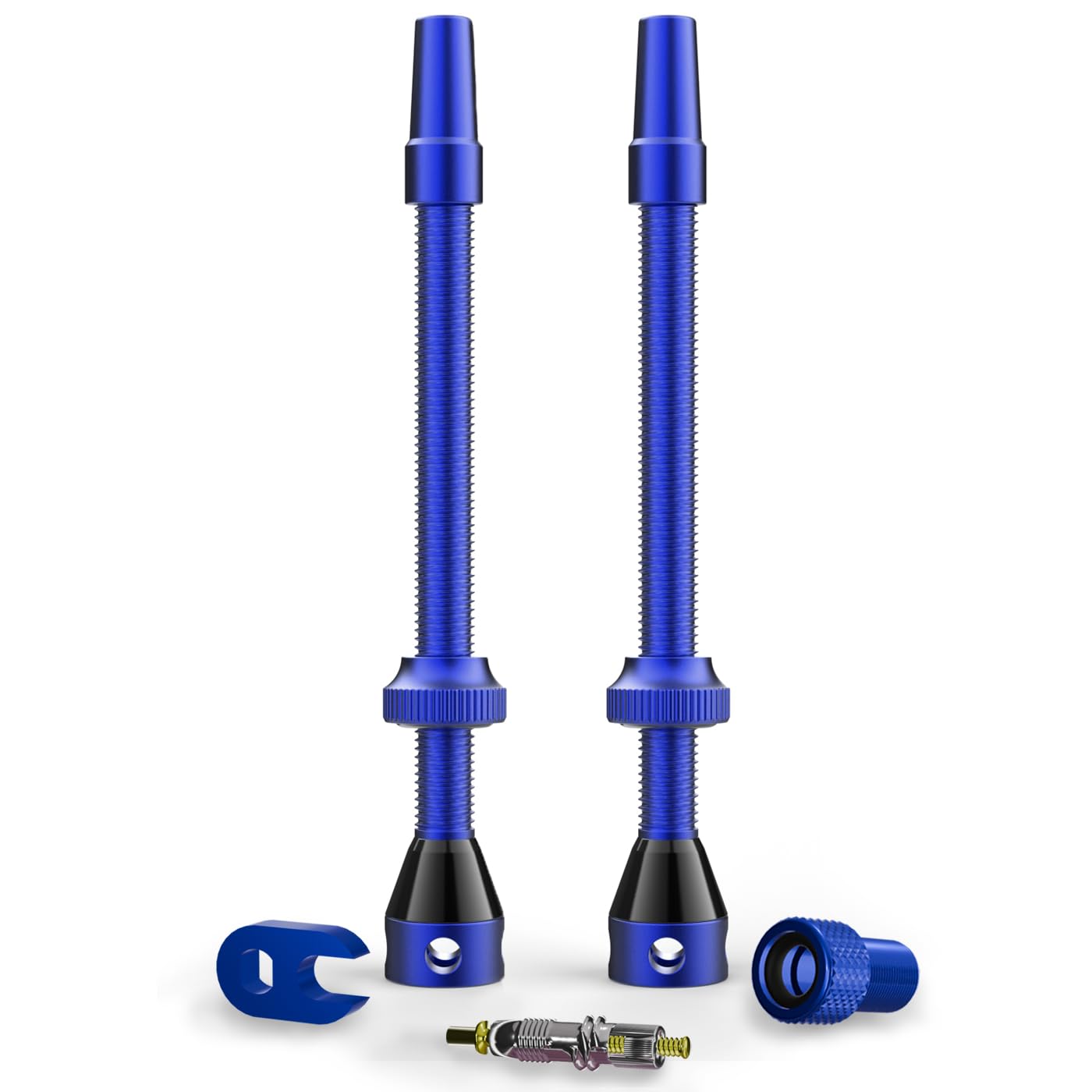 Shredr. Tubeless Ventile Set | Presta Ventile für Schlauchlos-Reifen | Superleichtes Alu, bunt eloxiert, französisches Ventil | inkl. Ventil-Adapter, Ersatz-Ventil und Werkzeug. (blau, 80mm) von Shredr.