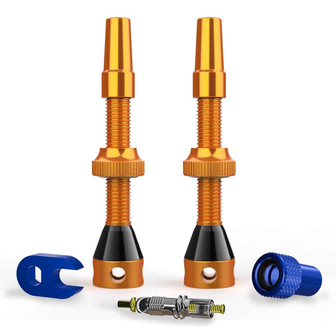 Shredr. Tubeless Ventile Set | Presta Ventile für Schlauchlos-Reifen | Superleichtes Alu, bunt eloxiert, französisches Ventil | inkl. Ventil-Adapter, Ersatz-Ventil und Werkzeug. (orange, 44mm) von Shredr.