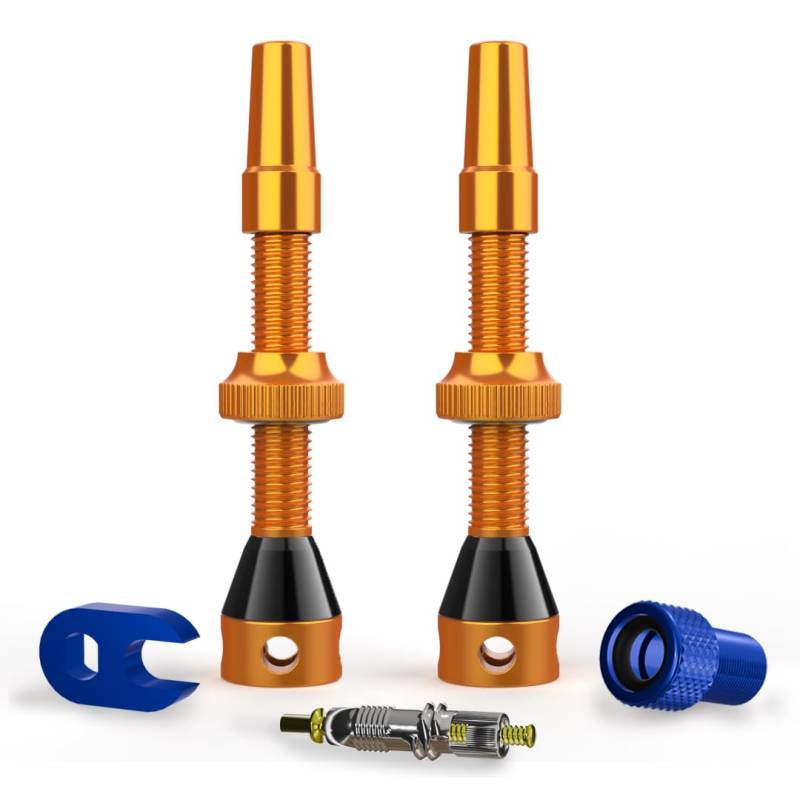 Shredr. Tubeless Ventile Set | Presta Ventile für Schlauchlos-Reifen | Superleichtes Alu, bunt eloxiert, französisches Ventil | inkl. Ventil-Adapter, Ersatz-Ventil und Werkzeug. (orange, 44mm) von Shredr.