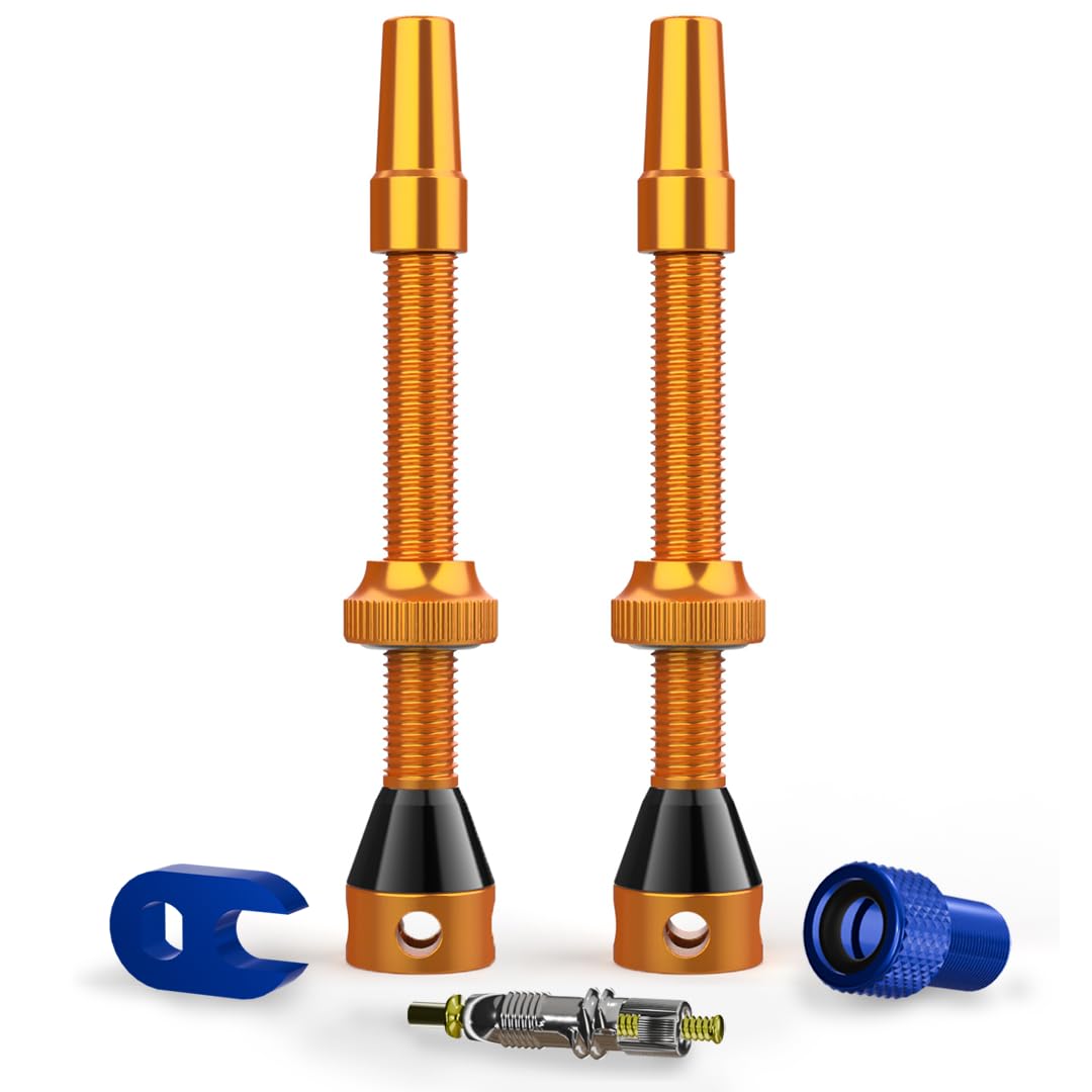 Shredr. Tubeless Ventile Set | Presta Ventile für Schlauchlos-Reifen | Superleichtes Alu, bunt eloxiert, französisches Ventil | inkl. Ventil-Adapter, Ersatz-Ventil und Werkzeug. (orange, 60mm) von Shredr.