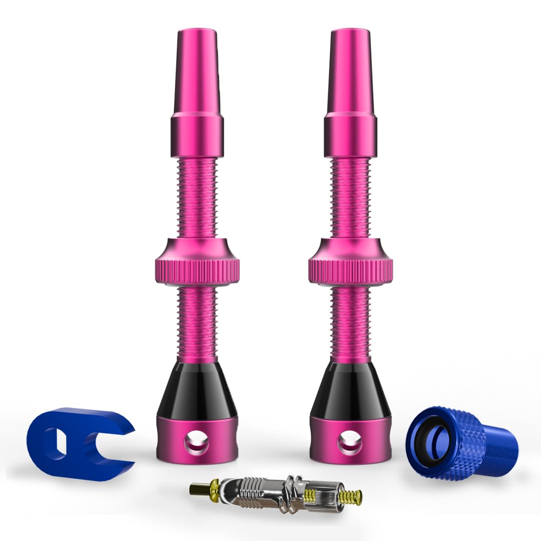 Shredr. Tubeless Ventile Set | Presta Ventile für Schlauchlos-Reifen | Superleichtes Alu, bunt eloxiert, französisches Ventil | inkl. Ventil-Adapter, Ersatz-Ventil und Werkzeug. (pink, 44mm) von Shredr.