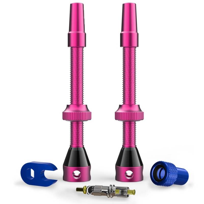 Shredr. Tubeless Ventile Set | Presta Ventile für Schlauchlos-Reifen | Superleichtes Alu, bunt eloxiert, französisches Ventil | inkl. Ventil-Adapter, Ersatz-Ventil und Werkzeug. (pink, 60mm) von Shredr.