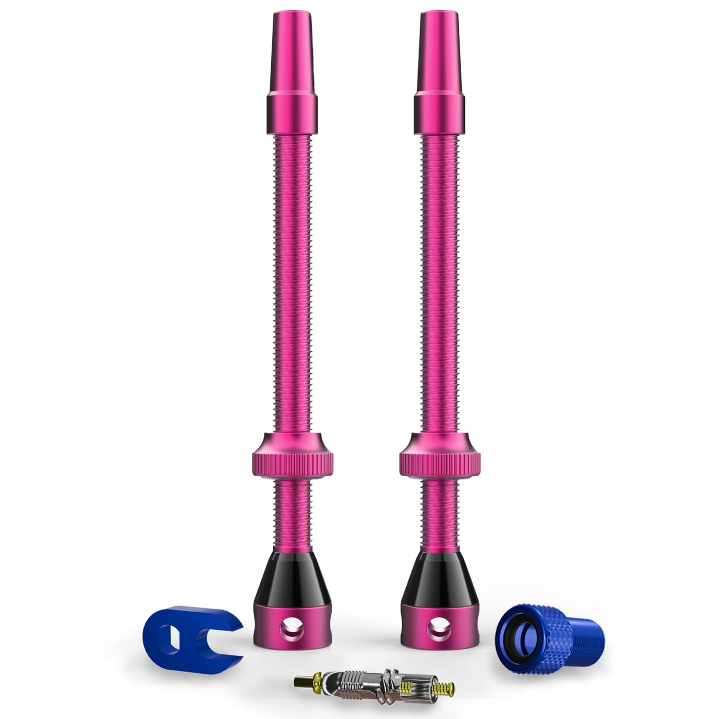 Shredr. Tubeless Ventile Set | Presta Ventile für Schlauchlos-Reifen | Superleichtes Alu, bunt eloxiert, französisches Ventil | inkl. Ventil-Adapter, Ersatz-Ventil und Werkzeug. (pink, 80mm) von Shredr.