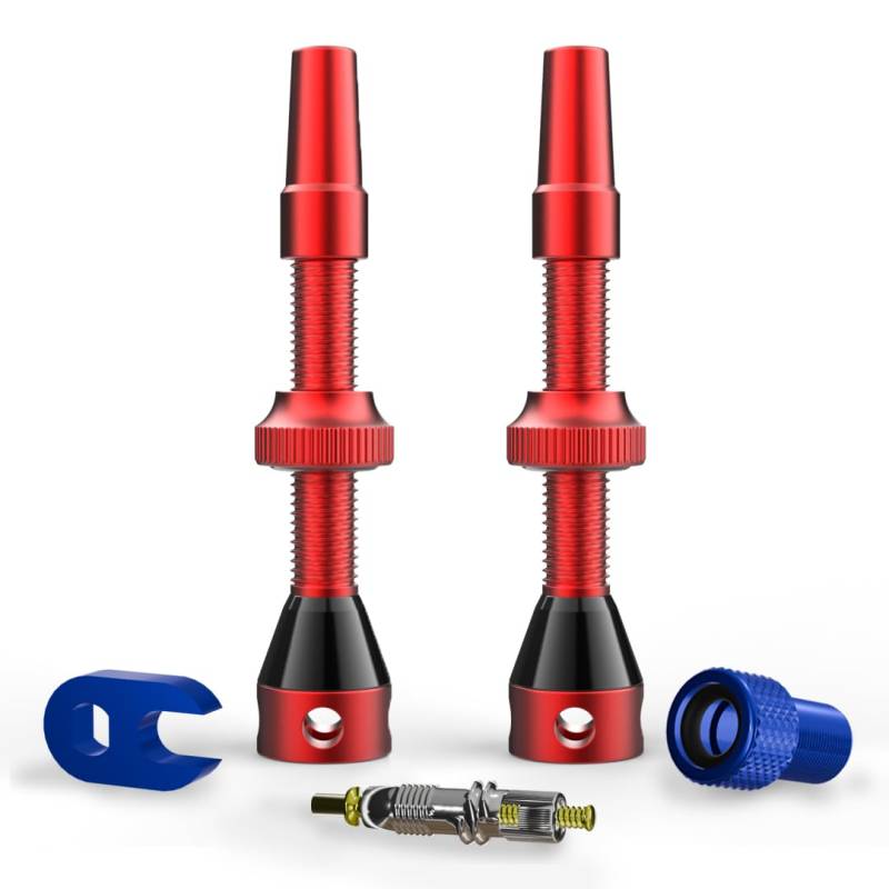 Shredr. Tubeless Ventile Set | Presta Ventile für Schlauchlos-Reifen | Superleichtes Alu, bunt eloxiert, französisches Ventil | inkl. Ventil-Adapter, Ersatz-Ventil und Werkzeug. (rot, 44mm) von Shredr.