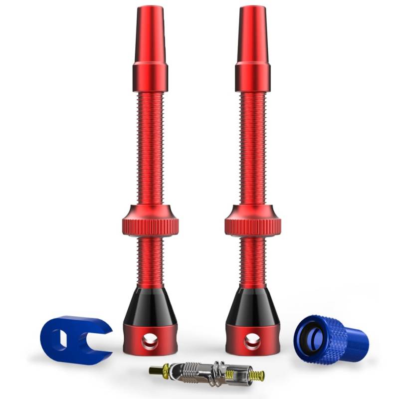 Shredr. Tubeless Ventile Set | Presta Ventile für Schlauchlos-Reifen | Superleichtes Alu, bunt eloxiert, französisches Ventil | inkl. Ventil-Adapter, Ersatz-Ventil und Werkzeug. (rot, 60mm) von Shredr.